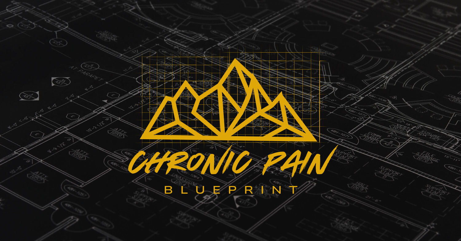 Logo for The Chronic Pain Blueprint featuring a geometric mountain design over architectural blueprint lines, symbolizing structure and strategy in chronic pain recovery.